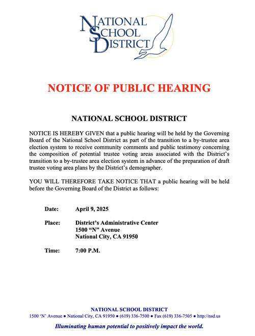 Notice of Public Hearing April 9, 2025 at 7:00 p.m. for Board transition to by-trustee area elections. Hearing will be at 150